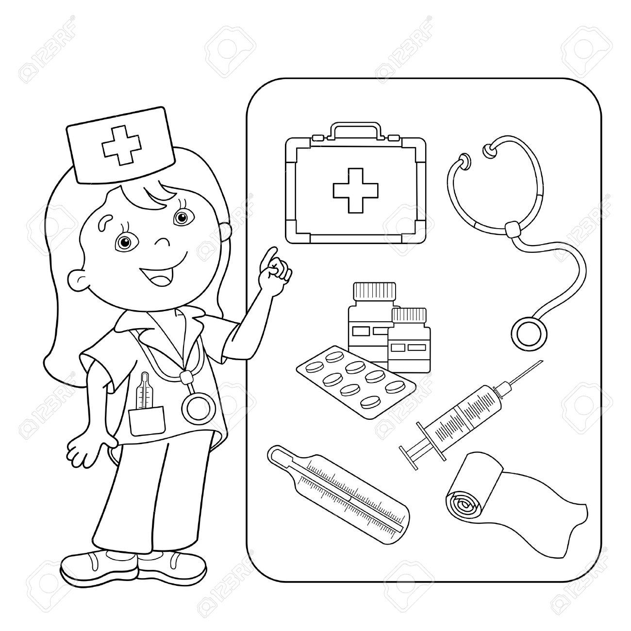 Coloring Page Outline Of Cartoon Doctor With First Aid Kit Set Of Medical Instruments Profession Medicine Coloring Book For Kids Royalty Free SVG Cliparts Vectors And Stock Illustration Image 58849177 
