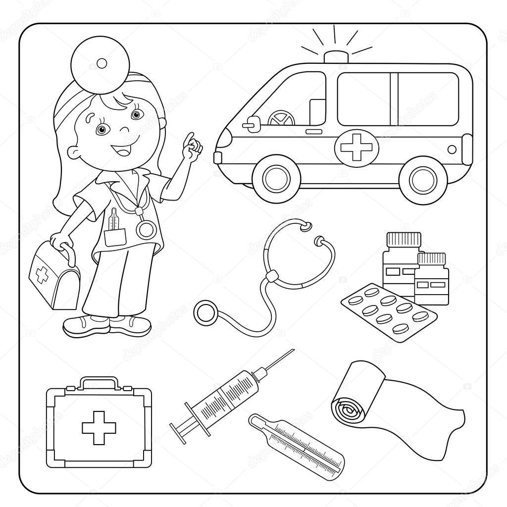 Coloring Page Outline Of Doctor Set Of Medical Instruments Stock Vector By Oleon17 114576822