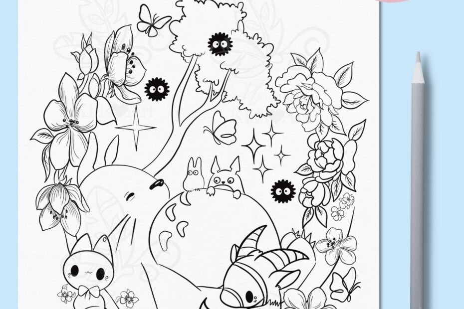 Coloring Page Relaxing U0026 Creative Studio Ghibli Totoro Printable Floral Drawing Kids Adult Women Digital Art App PDF JPG PNG Etsy UK