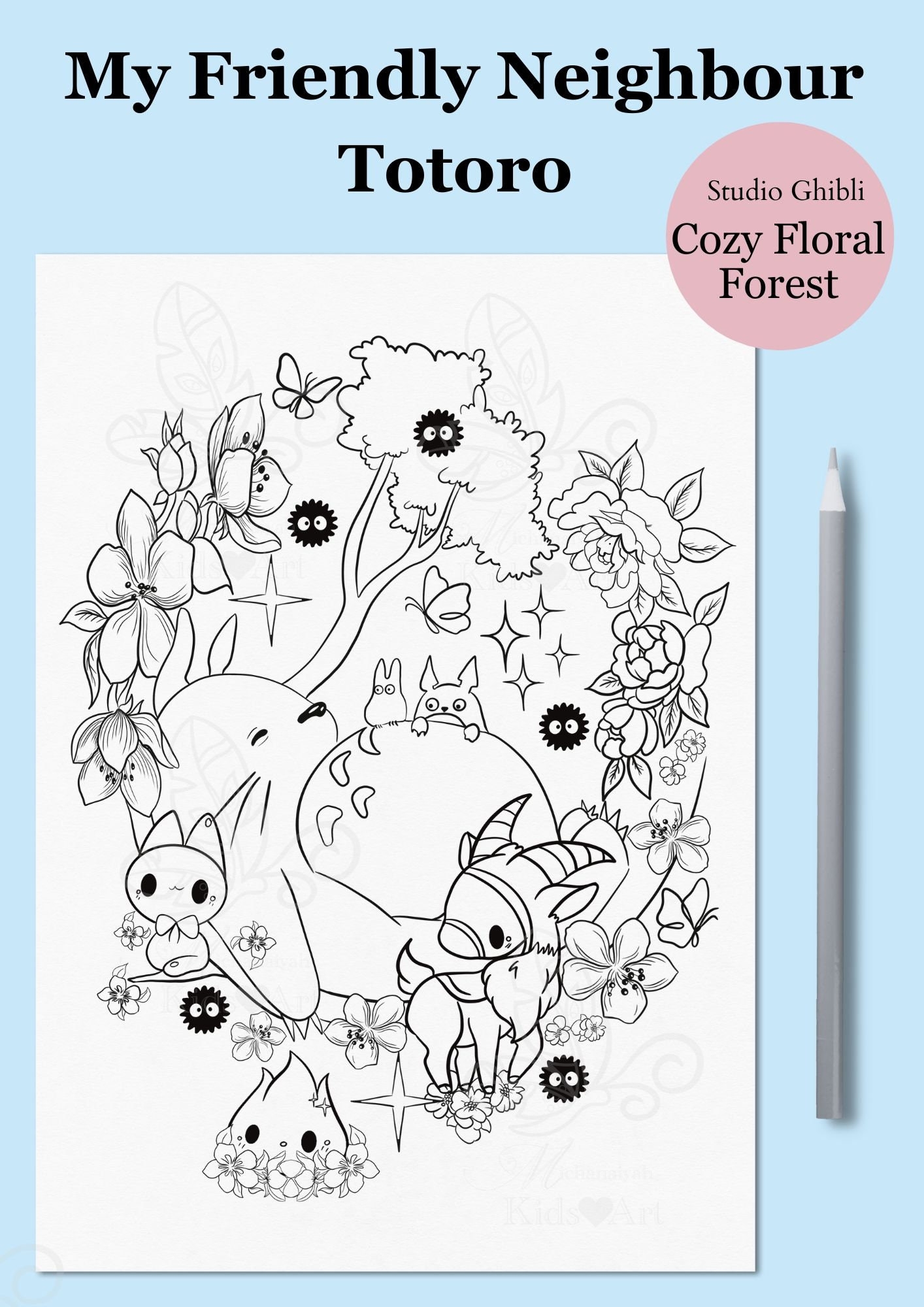 Coloring Page Relaxing U0026 Creative Studio Ghibli Totoro Printable Floral Drawing Kids Adult Women Digital Art App PDF JPG PNG Etsy UK