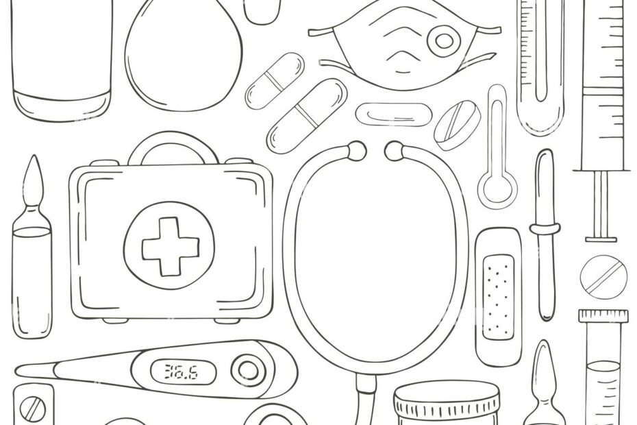 Coloring Page Set Of Doctor s Tools In Hand Draw Style Ambulance Doctor Tools Medical Case Medications Stethoscope Stock Vector Image U0026 Art Alamy