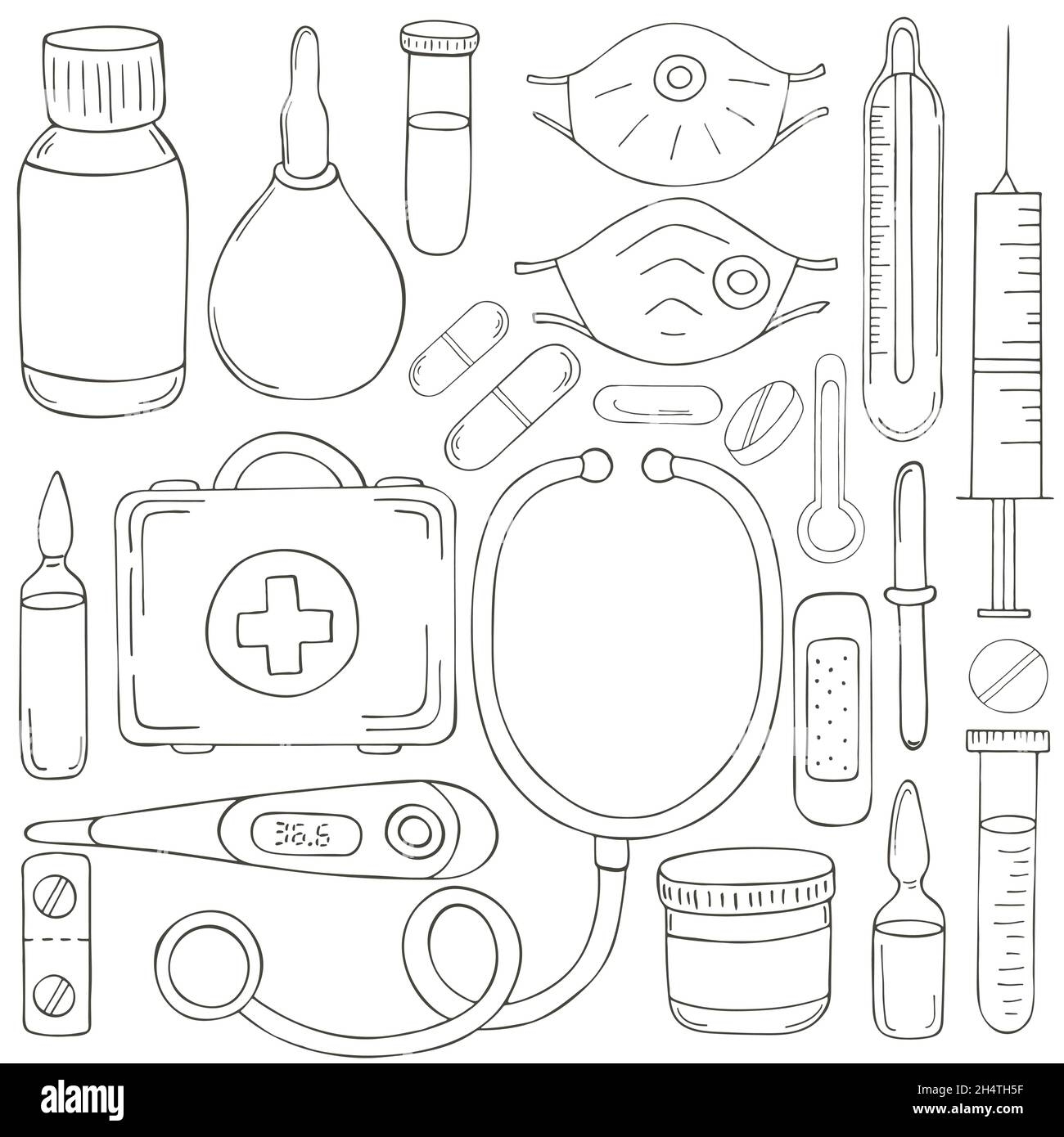 Coloring Page Set Of Doctor s Tools In Hand Draw Style Ambulance Doctor Tools Medical Case Medications Stethoscope Stock Vector Image U0026 Art Alamy