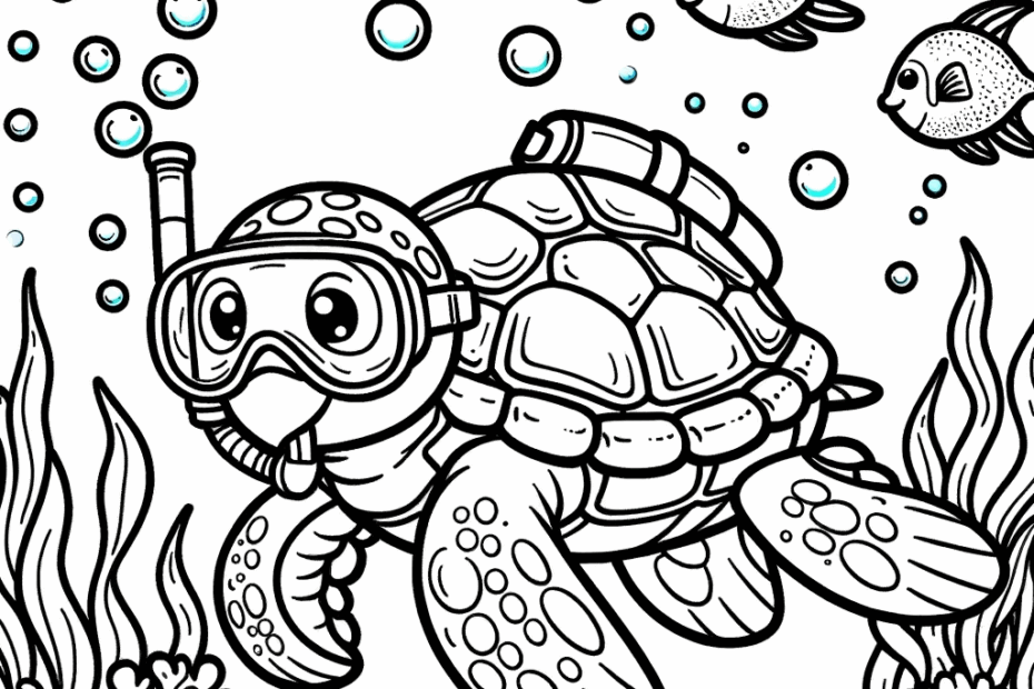 Coloring Page Underwater Adventure Snorkeling Turtle Color Page