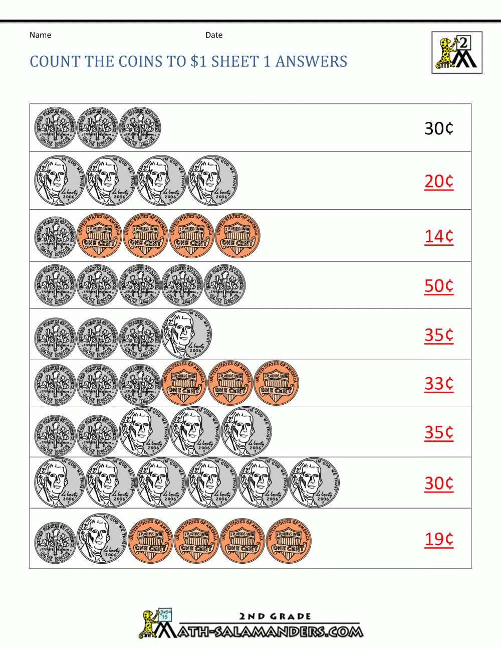 money math sheets