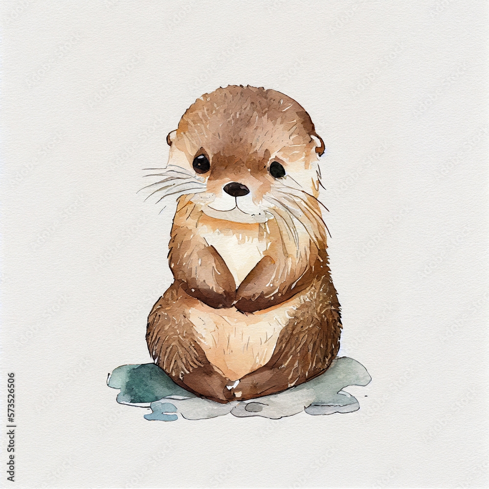 Cute Baby Otter Character Watercolor Sea Otter Enhydra Lutris 