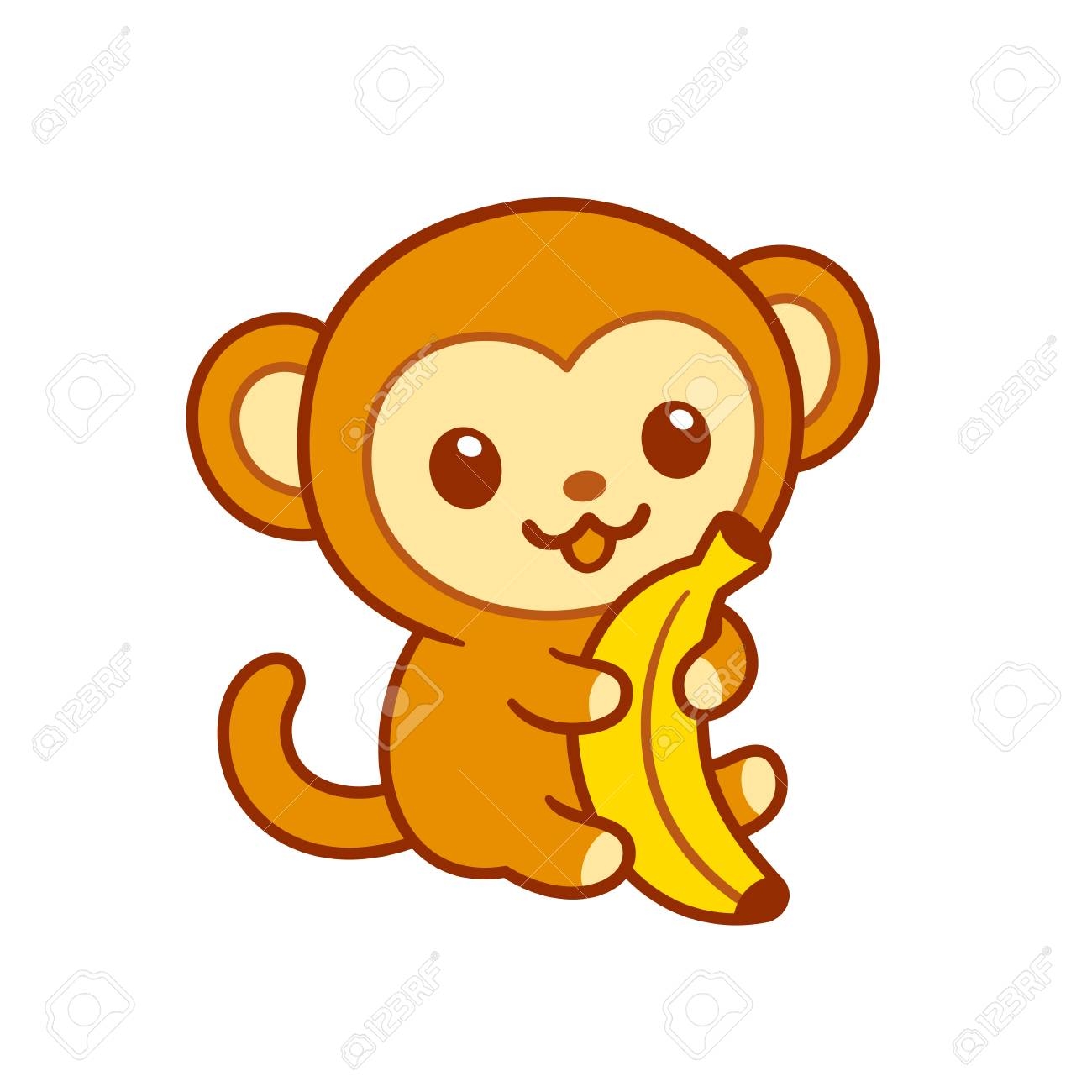 Cute Cartoon Baby Monkey Hugging Banana Kawaii Character Drawing 