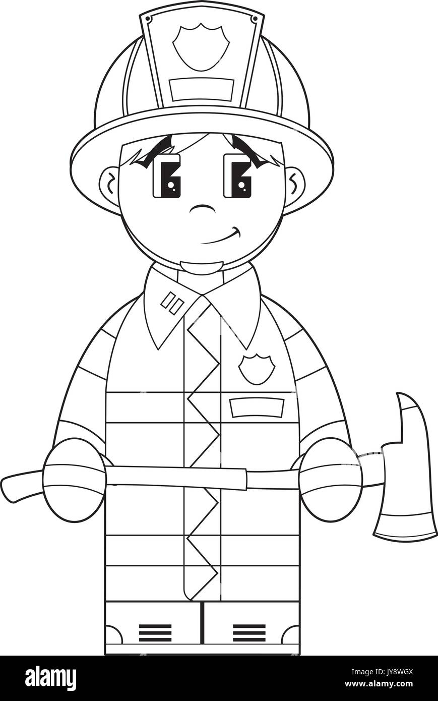 Cute Cartoon Fireman Firefighter With Axe Line Drawing Vector 
