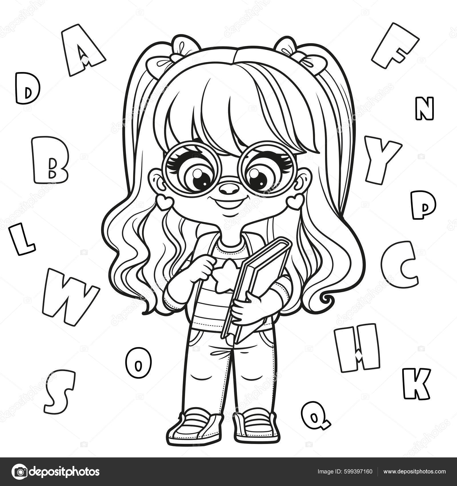 Cute Cartoon Girl Glasses Holding Textbook School Backpack Coloring Page Vektor Stok Oleh yadviga 599397160