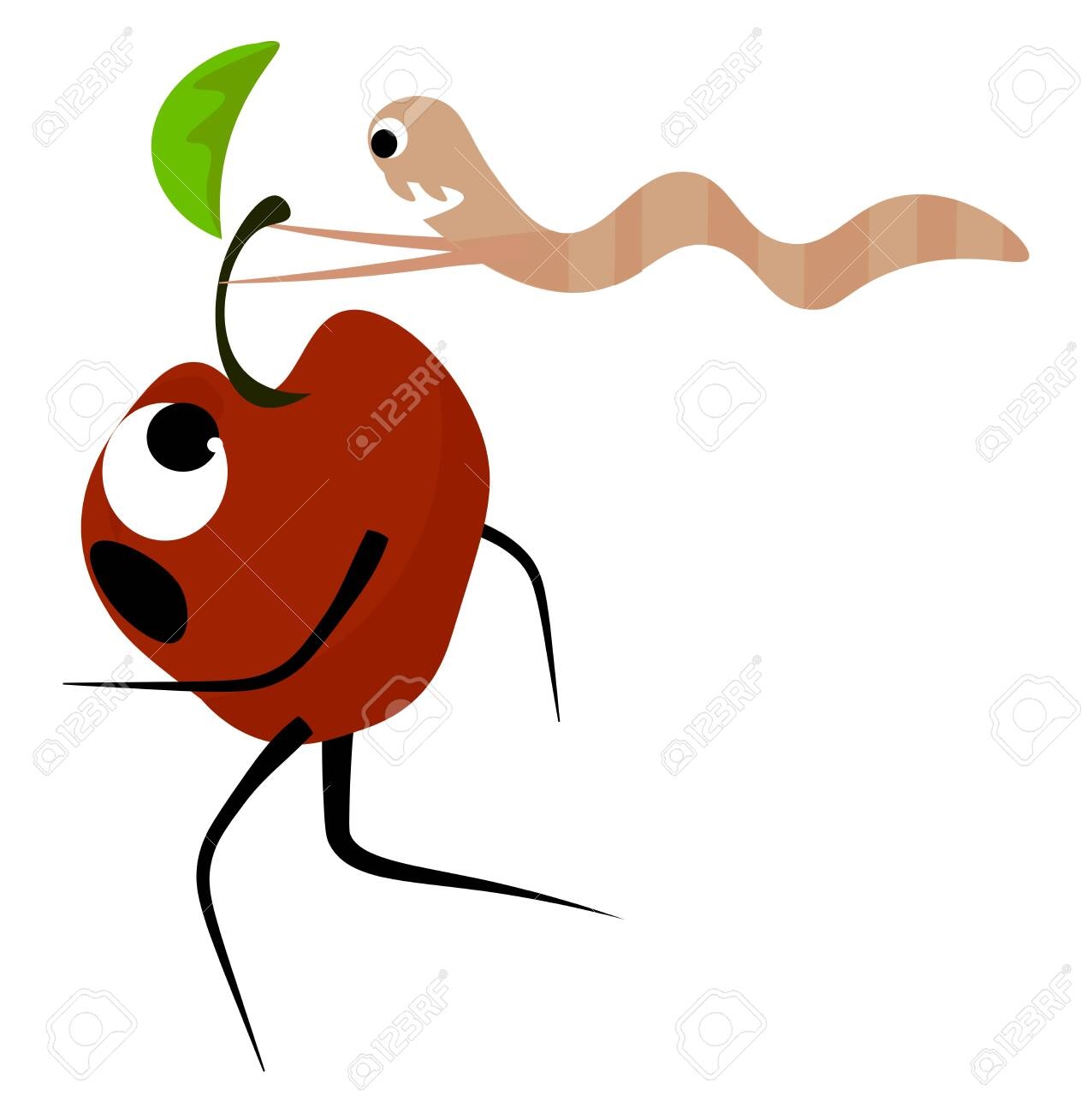Cute Cartoon Image Of An Apple With Eyes Legs And Hands That Runs Away From The Worm That Tries To Catch It By The Stalk Vector Color Drawing Or Illustration Royalty Free