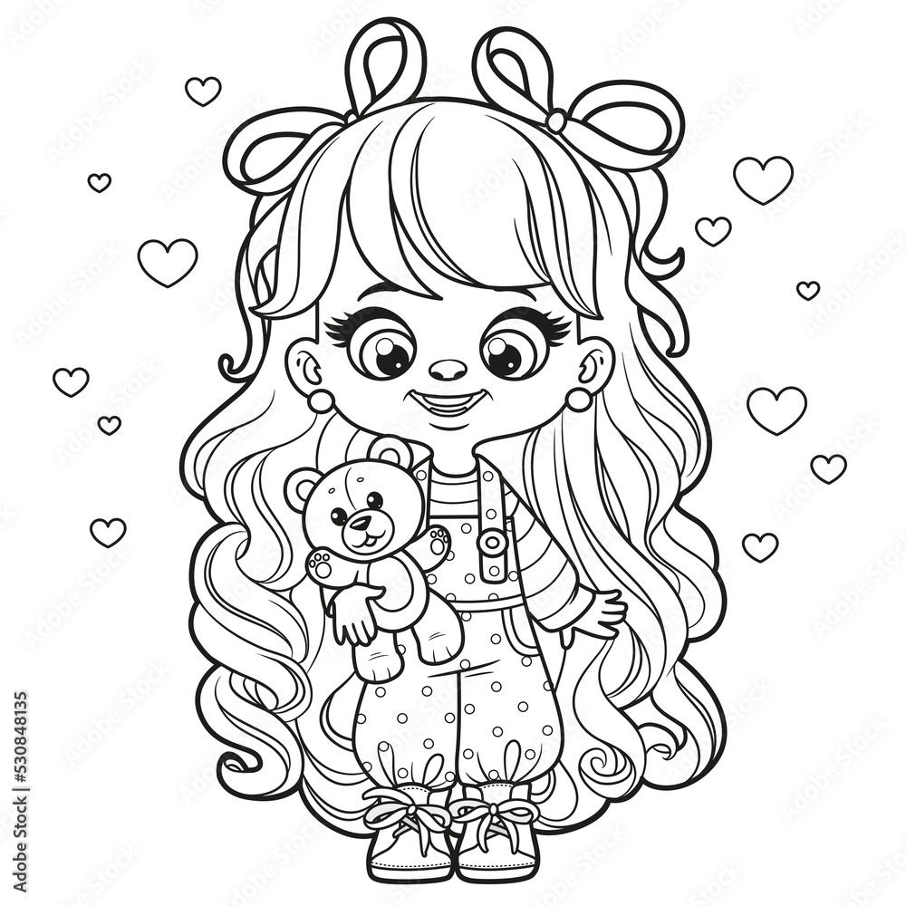 Cute Cartoon Long Haired Girl With Soft Toy Teddy Bear In Hands 