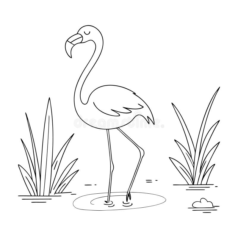 Cute Flamingo Coloring Page By The Pond Stock Vector Illustration Of Easy Children 350104029