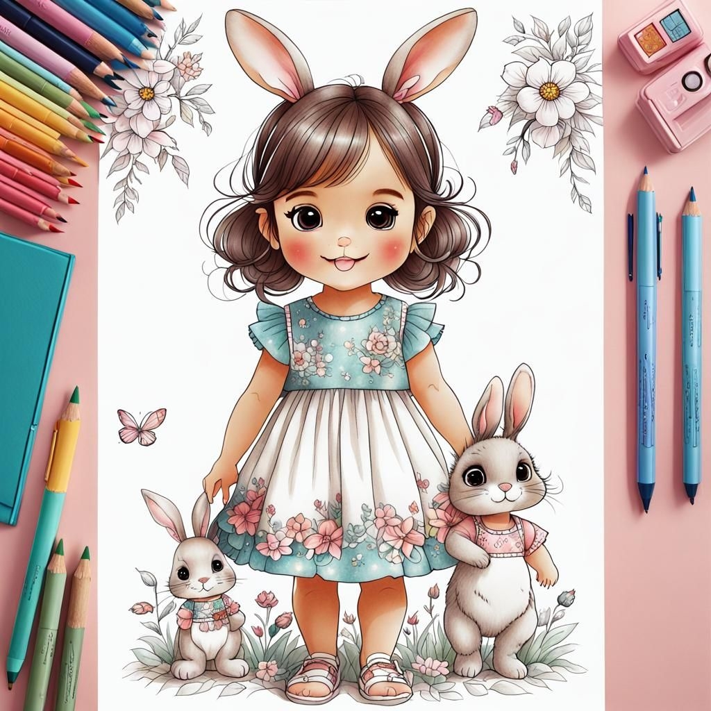 Cute Girl With Bunny In Sarah Kay Style AI Art
