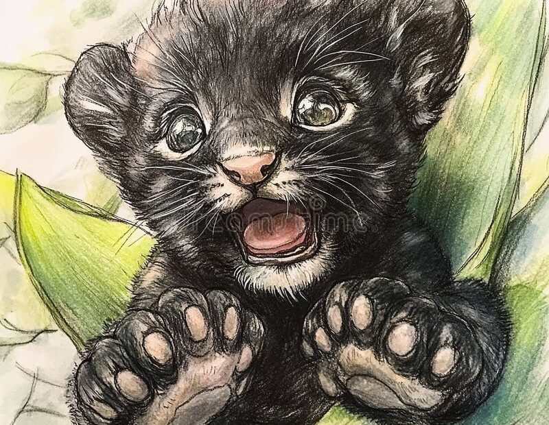 Cute Little Black Panher Cub Animal Drawing Stock Illustration Illustration Of Panther Personality 347602710