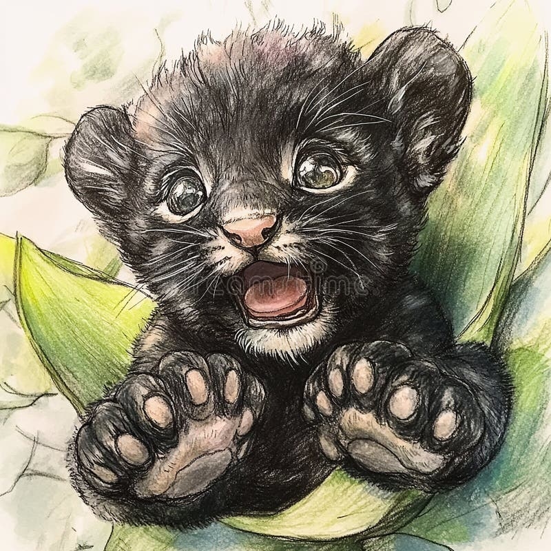 Cute Little Black Panher Cub Animal Drawing Stock Illustration Illustration Of Panther Personality 347602710