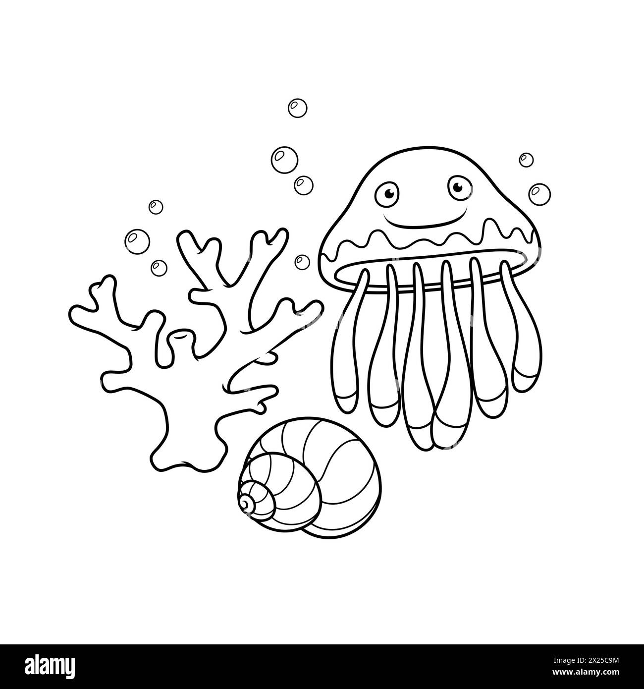 Cute Little Jellyfish With A Coral And A Seashell Vector Coloring 