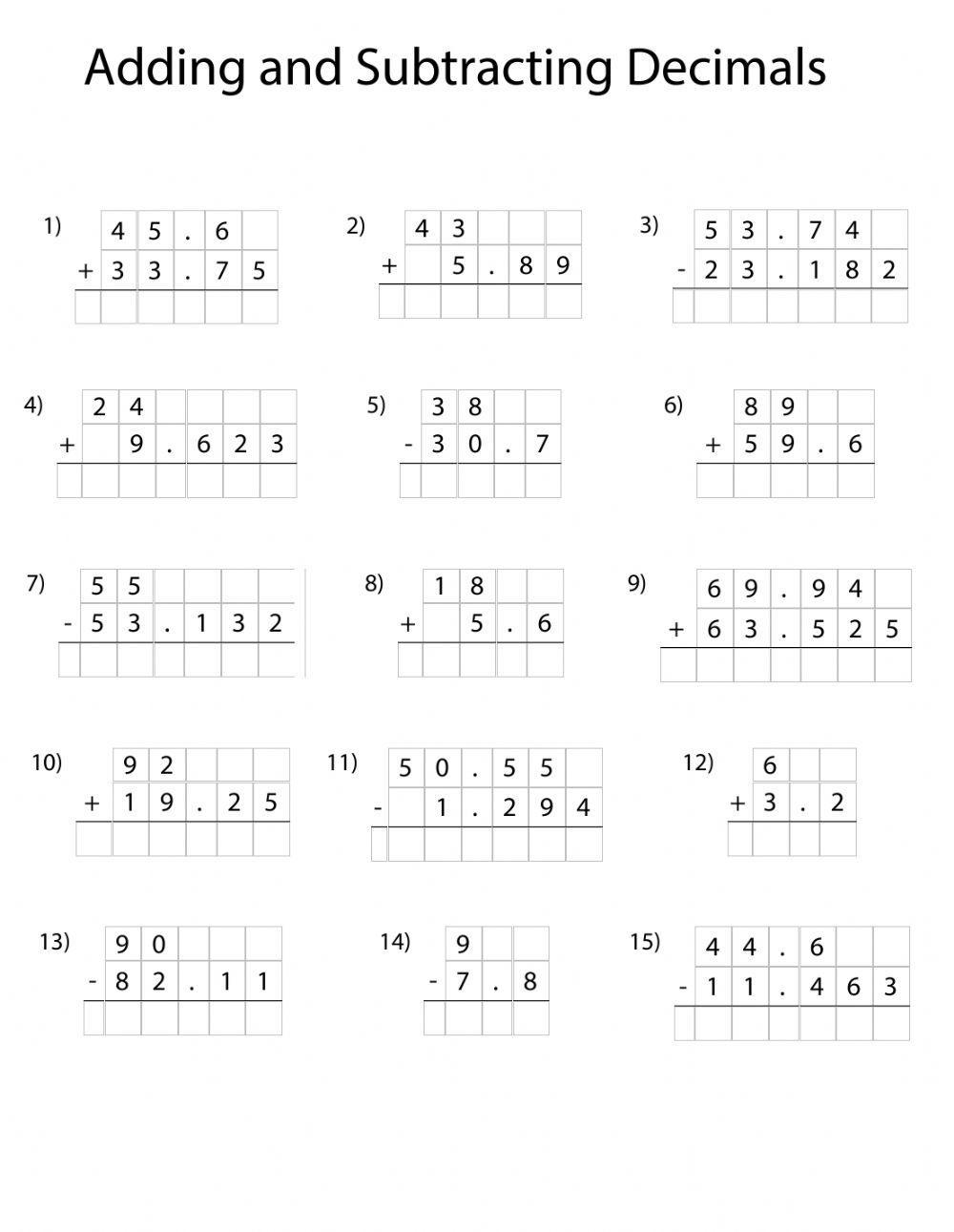 Decimal Addition And Subtraction Worksheets Library
