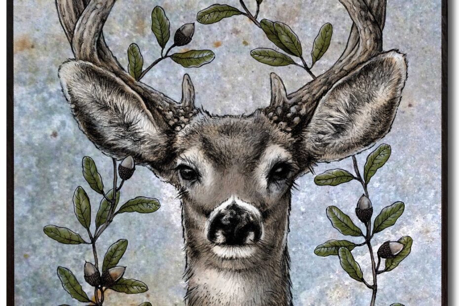 Deer Head With Oak Branches Whitetail Buck Colored Pencil