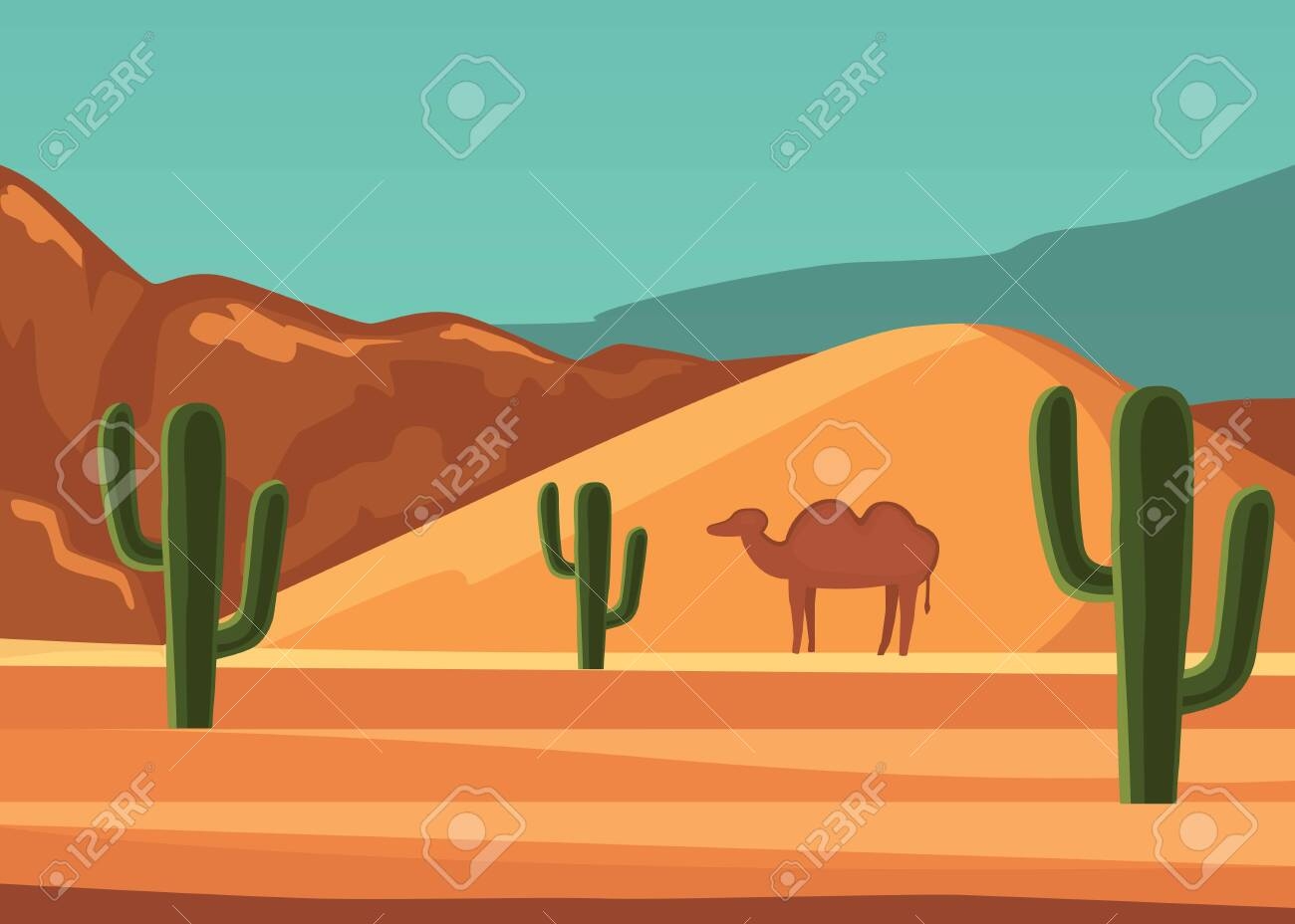Desert Landscape Poster With Cartoon Camel Vector Illustration 