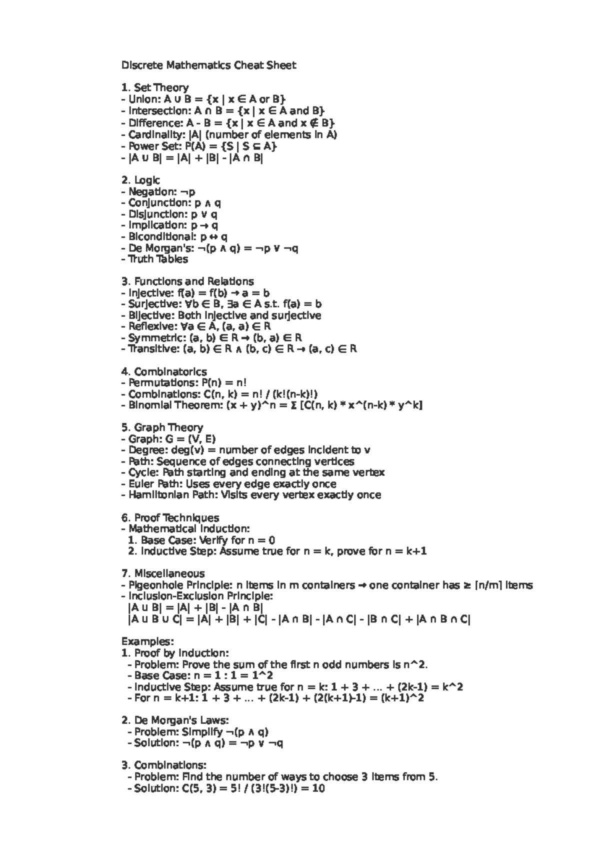 Discrete Math Cheat Sheet For Quick Reference Studocu
