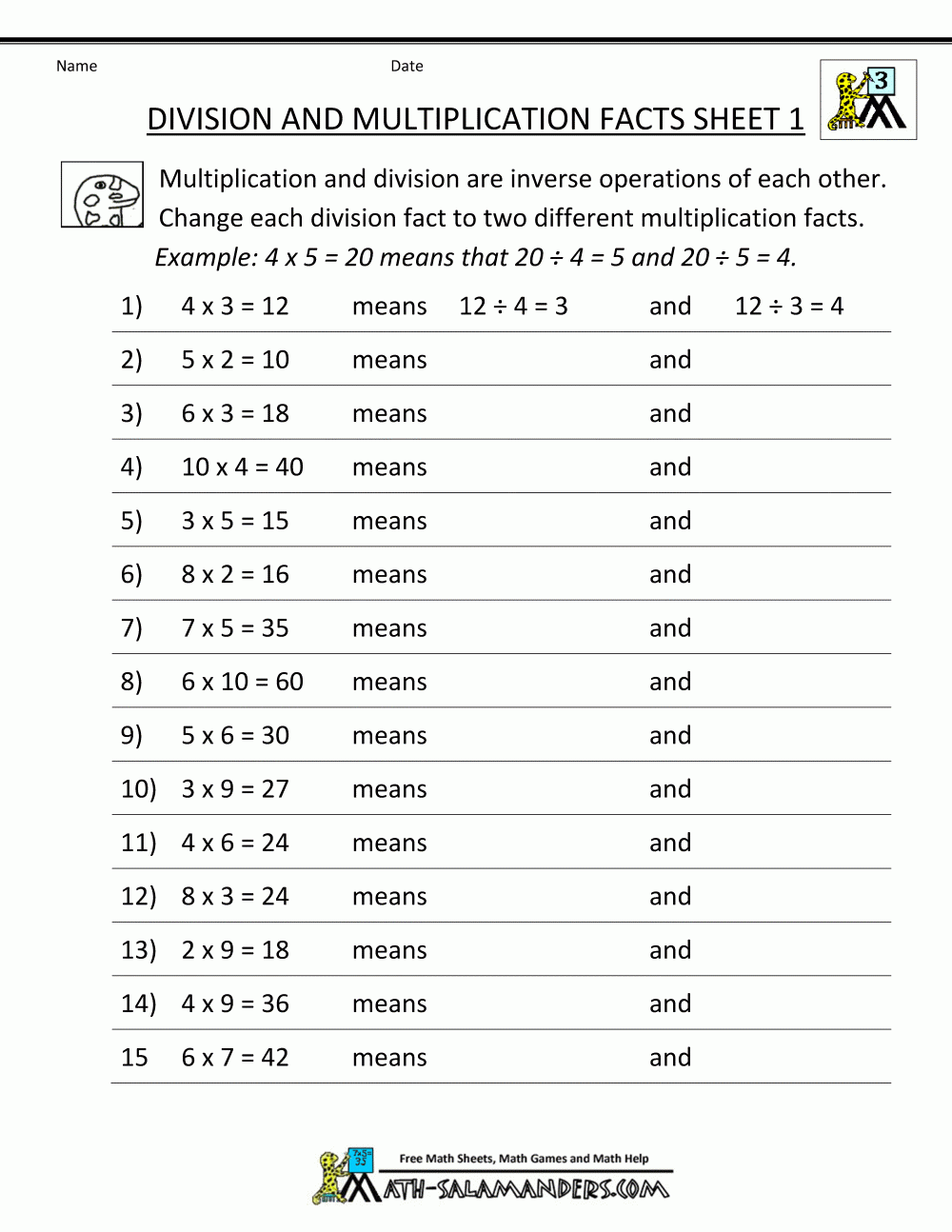 math fact worksheet
