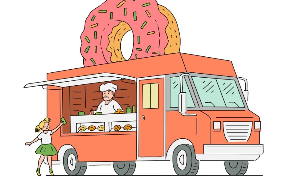 Donut Food Truck Drawing With Vendor Man In Chef Vector Image