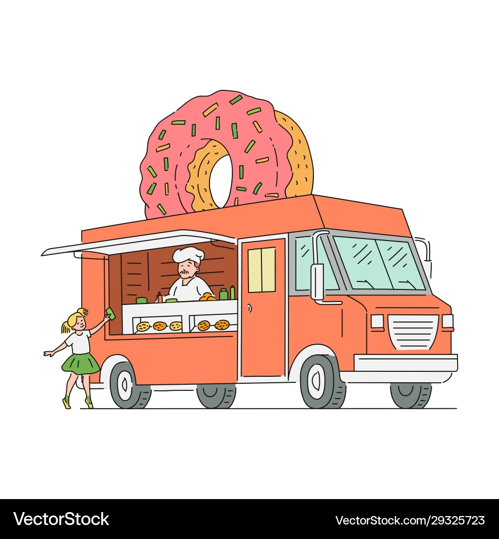 Donut Food Truck Drawing With Vendor Man In Chef Vector Image