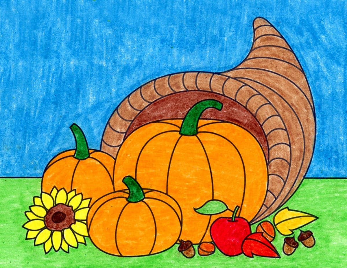 Easy How To Draw A Cornucopia Tutorial Video And Coloring Page