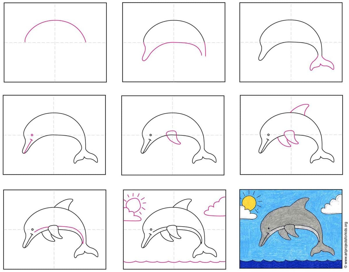 Easy How To Draw A Dolphin Tutorial Video And Coloring Page