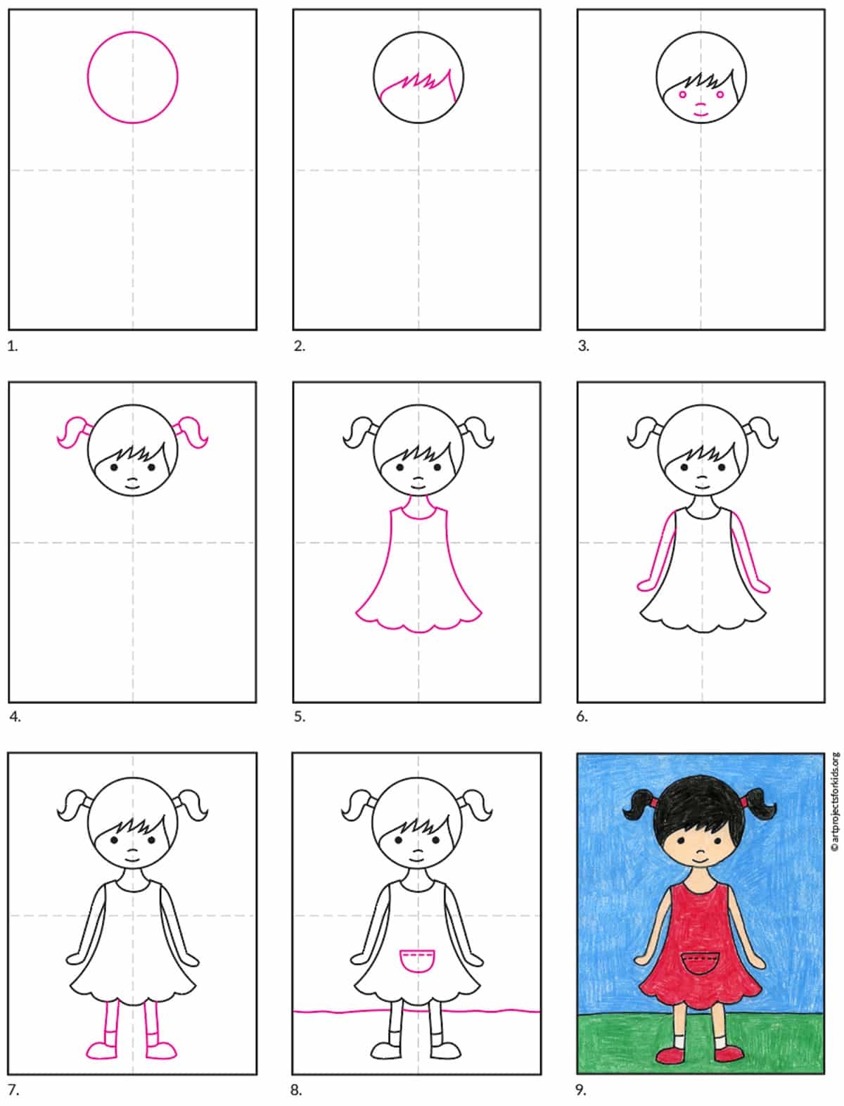 Easy How To Draw A Girl Tutorial Video And Girl Coloring Page