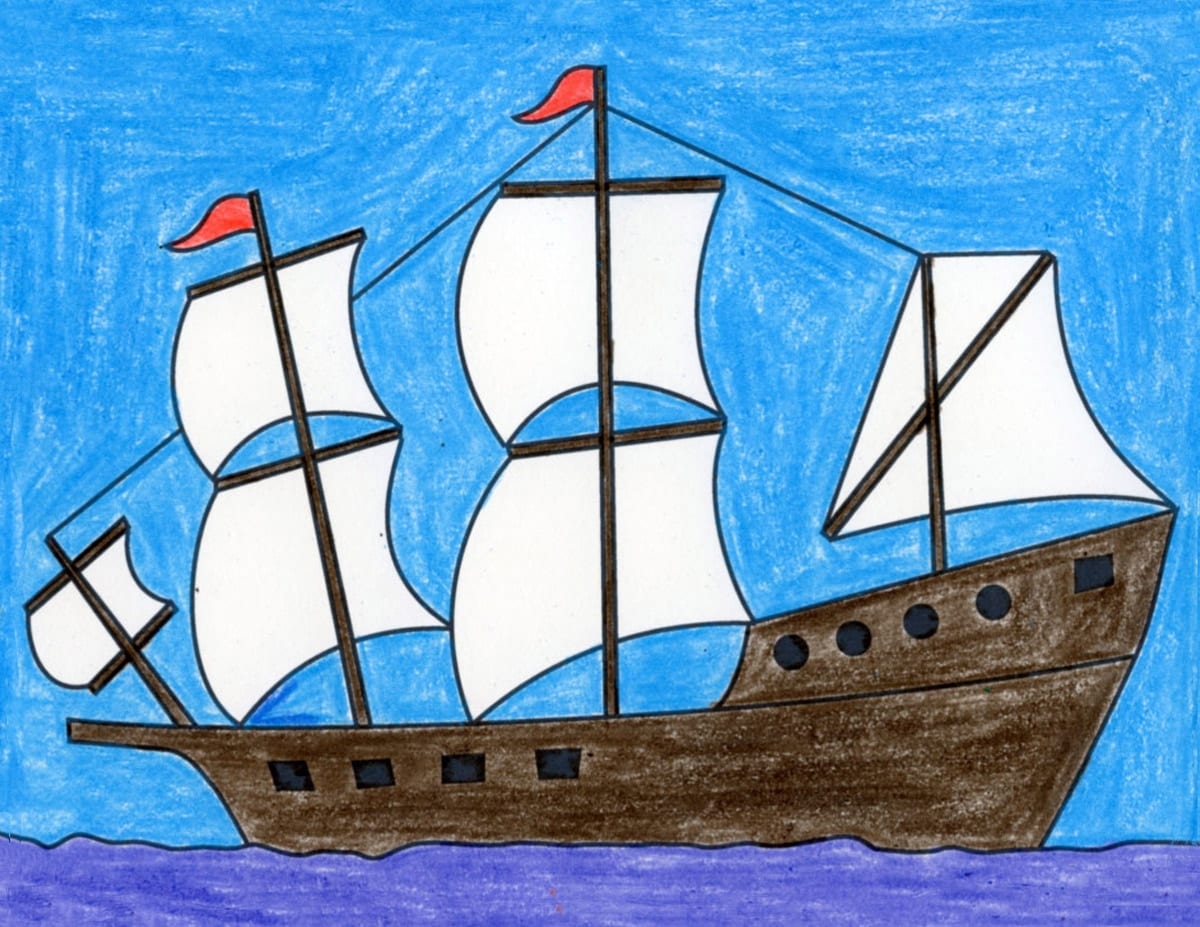 Easy How To Draw A Ship Tutorial Video And Ship Coloring Page