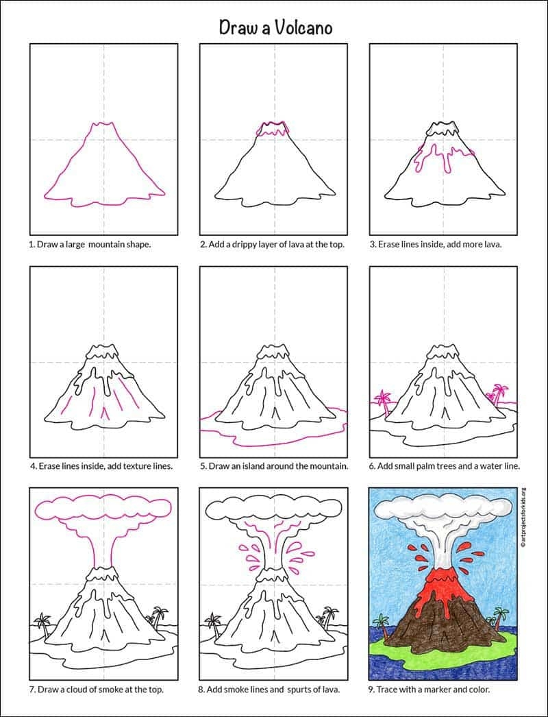 Easy How To Draw A Volcano Tutorial Video Volcano Coloring Page