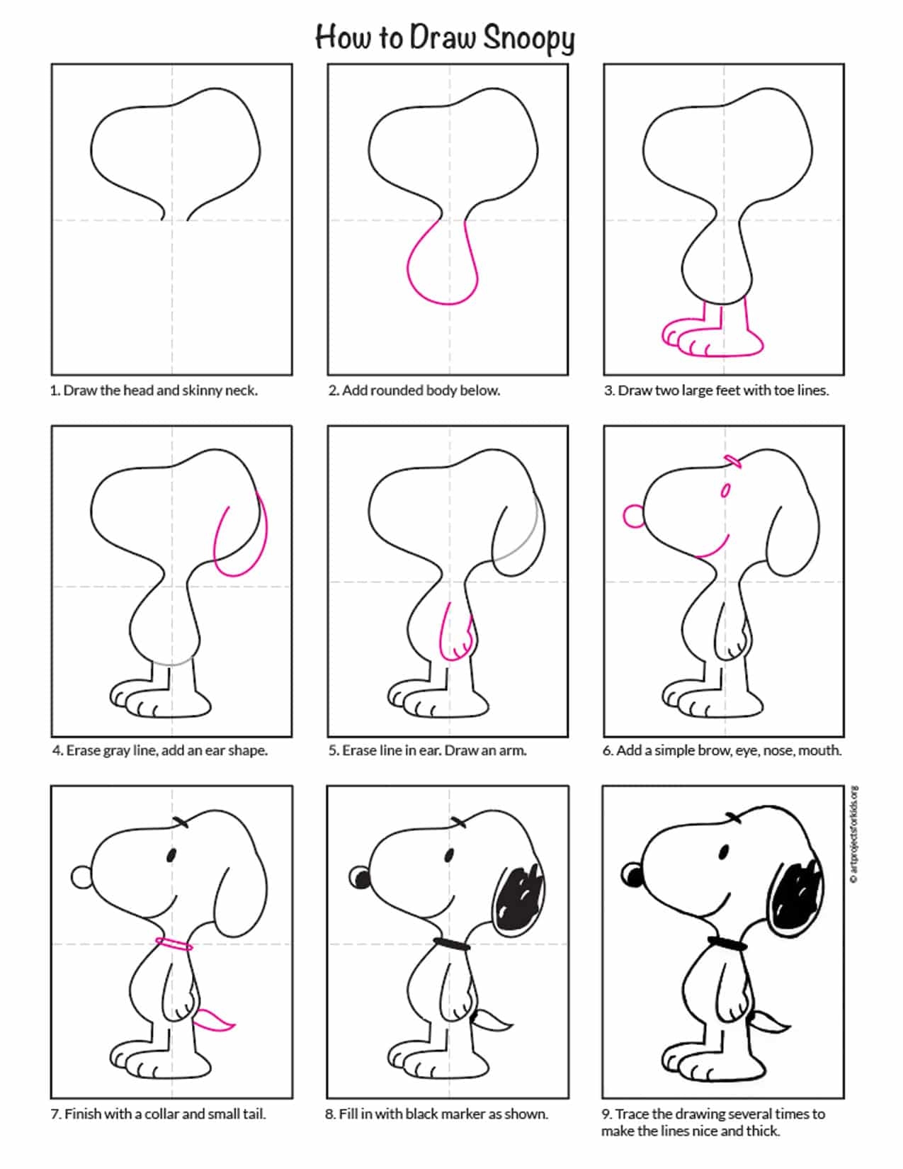 Easy How To Draw Snoopy Tutorial And Snoopy Coloring Page