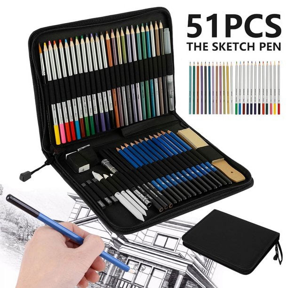 EUWBSSR 51PCS Colored Pencils Set Drawing Pencils And Sketching Kit Complete Artist Kit Professional Drawing Kit Wood Pencil Sketch Painting Supplies 