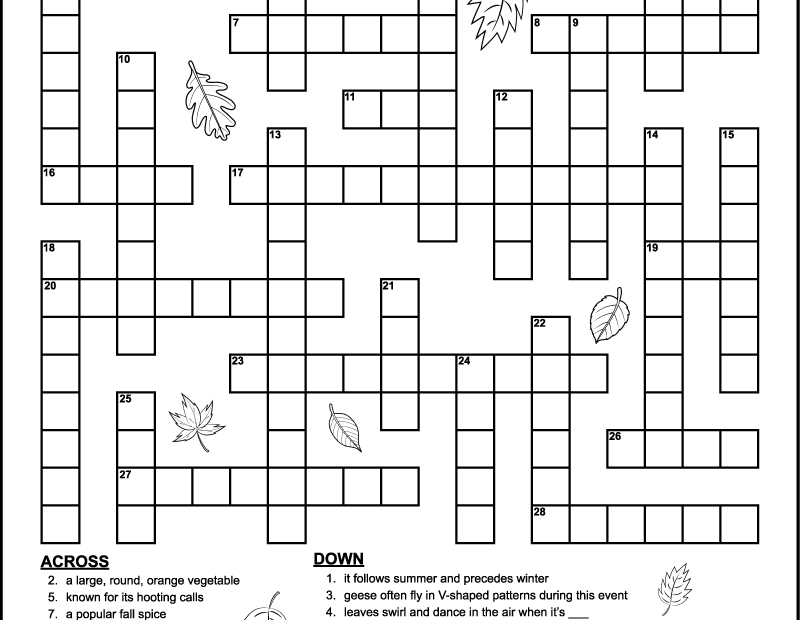 Fall Crossword Puzzle For Middle School Tree Valley Academy