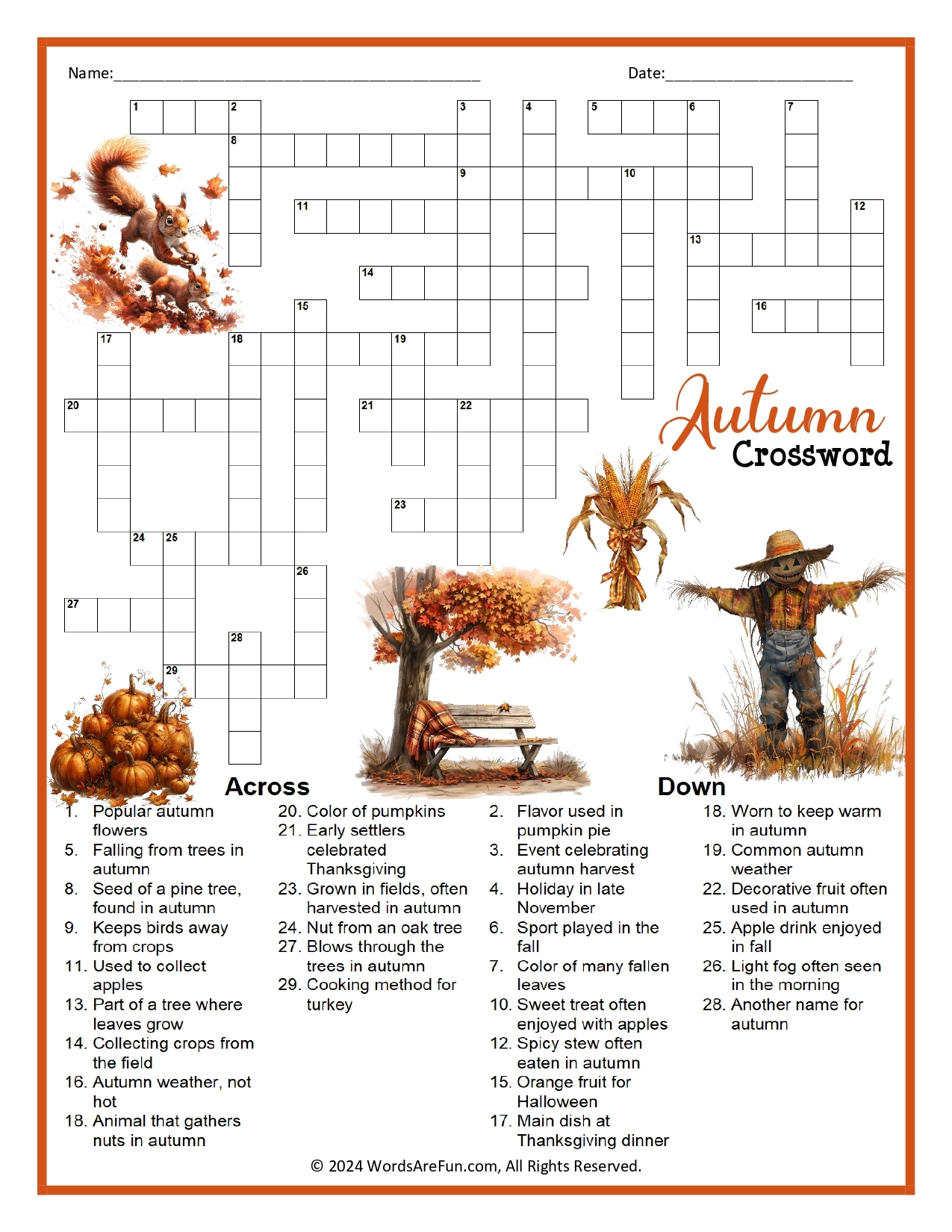 free fall crossword puzzle printable
