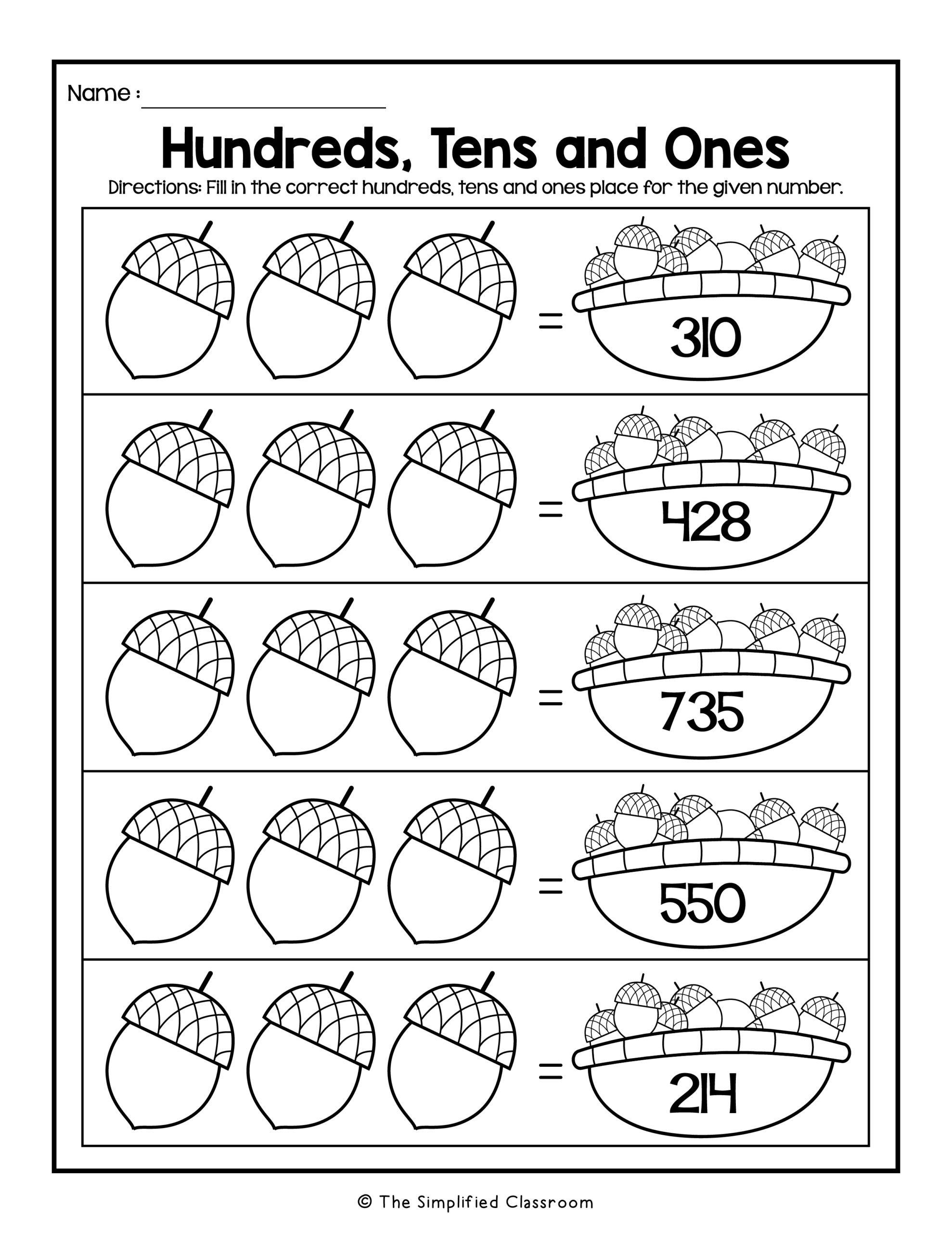 Fall Themed Place Value Math Worksheets