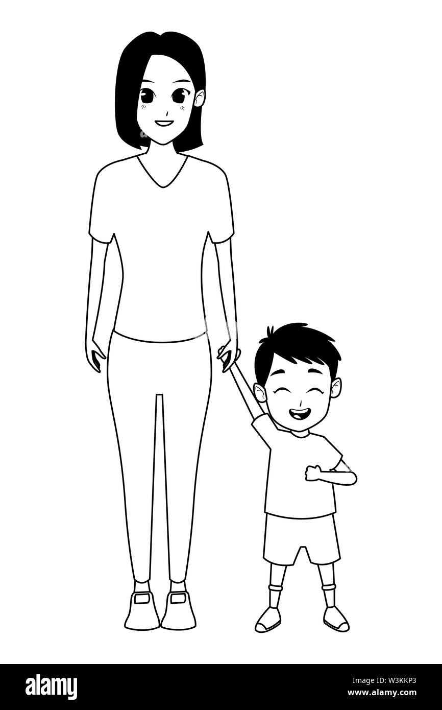 Family Single Mother With Children Cartoon In Black And White Stock Vector Image U0026 Art Alamy