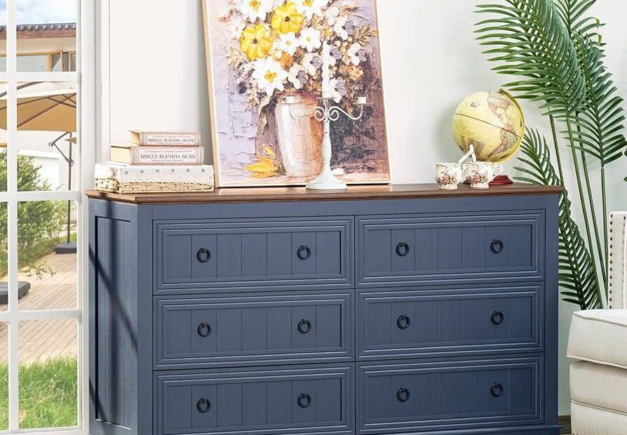 Farmhouse 6 Drawers Dresser For Bedroom 54 Inch Wide Wood Dresser Chest Of Drawers Vintage Design TV Stand Rustic Storage Dressers Organizer For