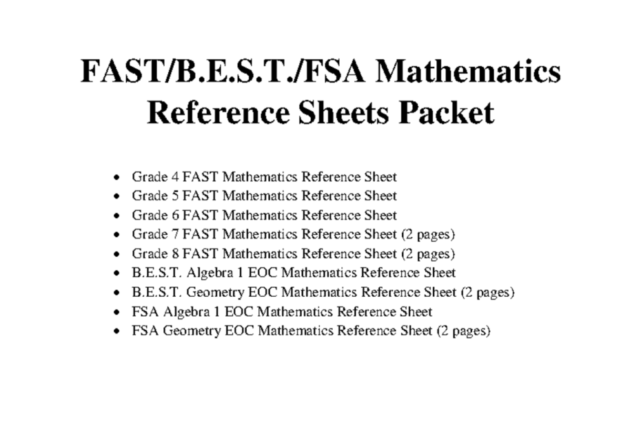 FAST BEST FSA Mathematics Reference Sheets Packet FAST B E S FSA Mathematics Reference Sheets Studocu