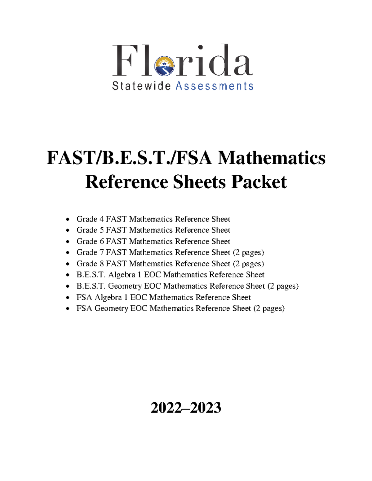 FAST BEST FSA Mathematics Reference Sheets Packet FAST B E S FSA Mathematics Reference Sheets Studocu