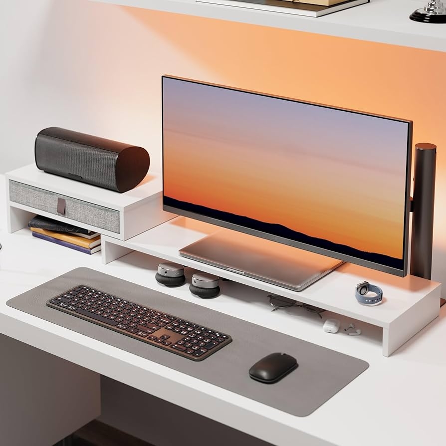 Fenge Dual Monitor Stand With Drawer Computer Monitor Stand Riser 2 Shelf With Adjustable Length And Angle Wood Monitor Stands For 2 Monitors 