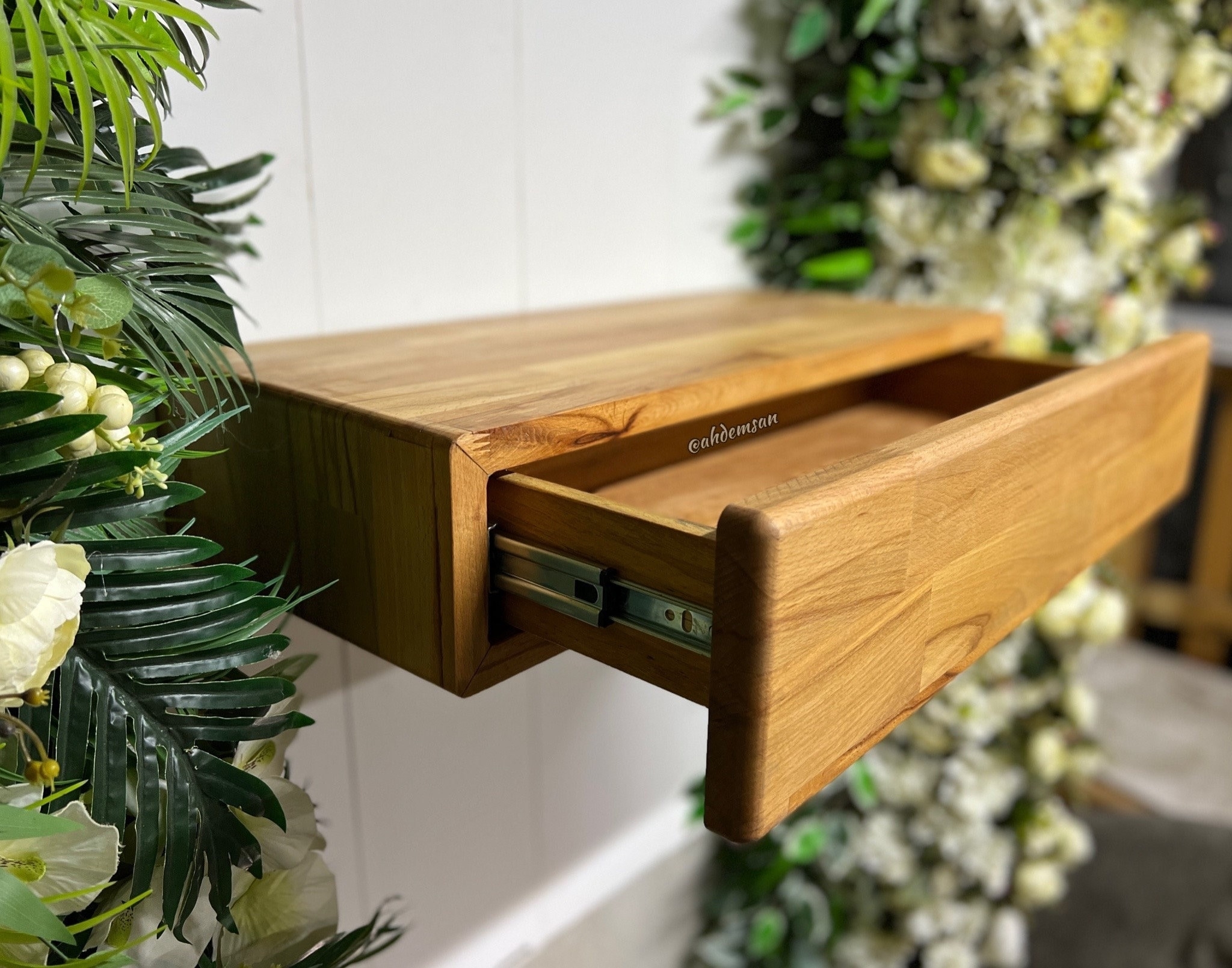 Floating Nightstand With Drawer Shelf Rustic Beech Wood 