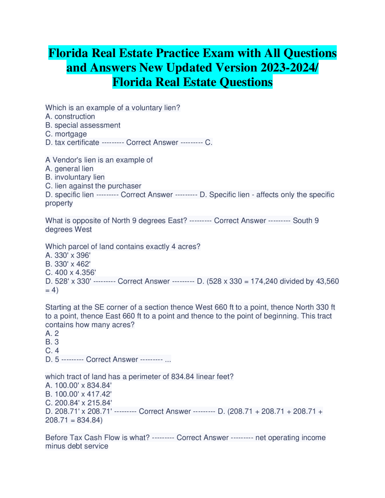 Florida Real Estate Practice Exam With All Questions And Answers 