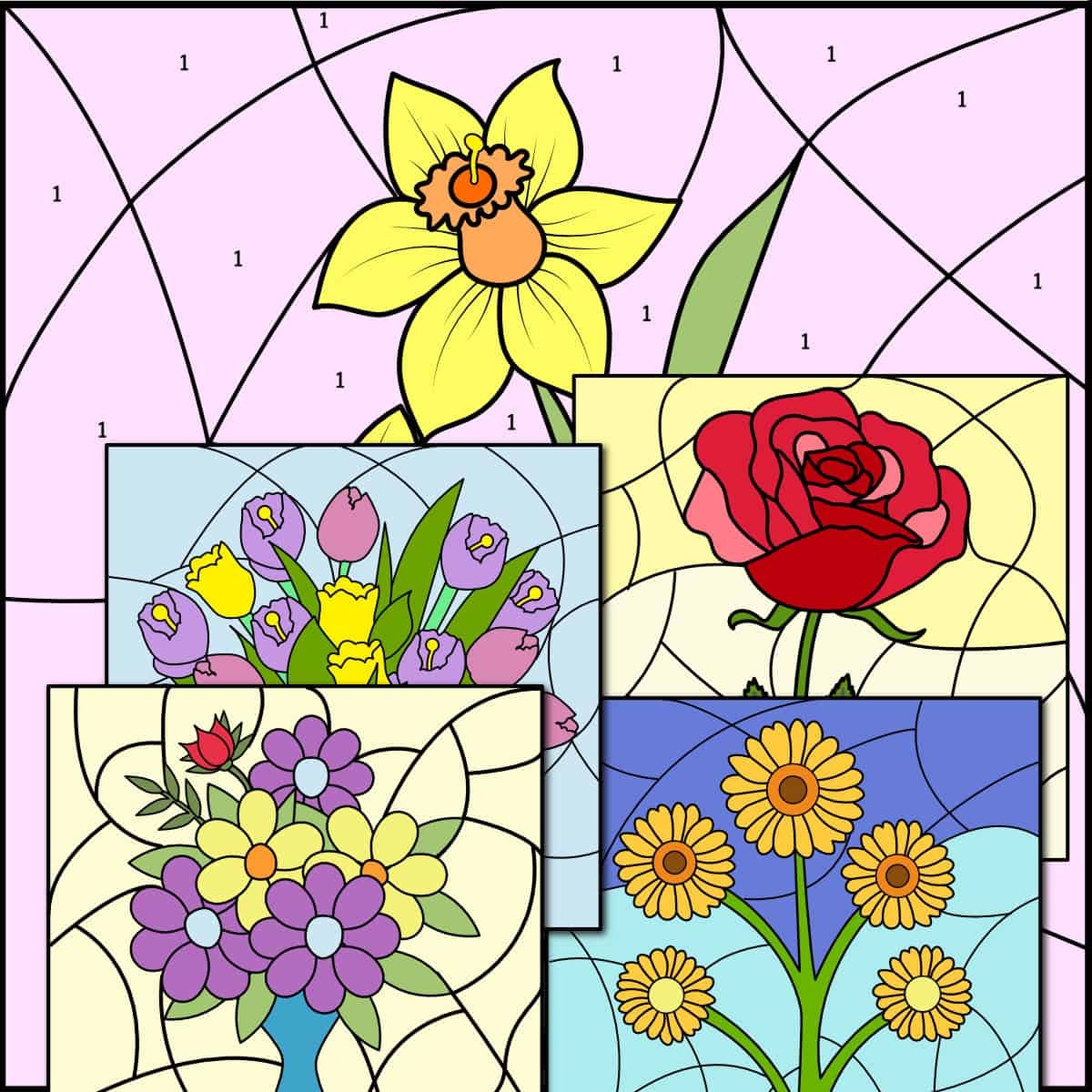 Flower Color By Number Coloring Pages 8 Free Printables Artsy 