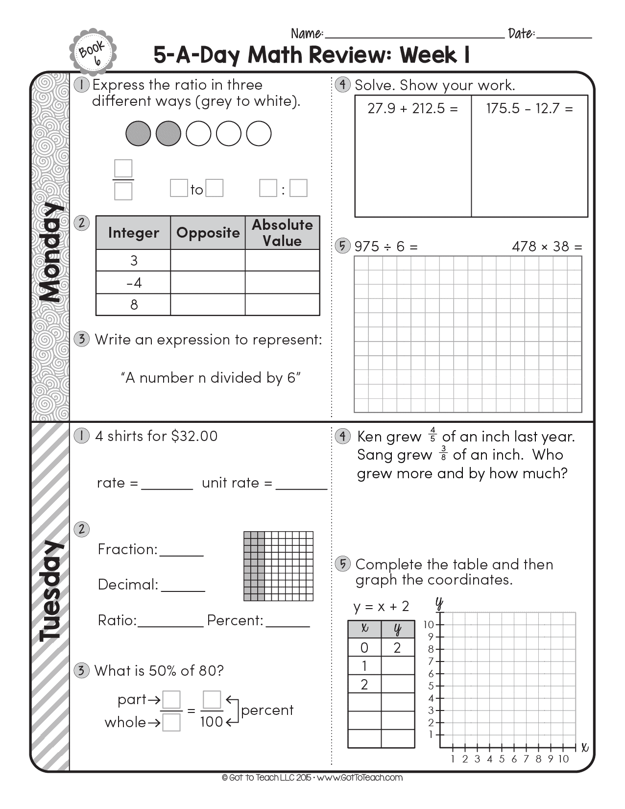 FREE 6th Grade Daily Math Spiral Review Teacher Thrive Worksheets Library
