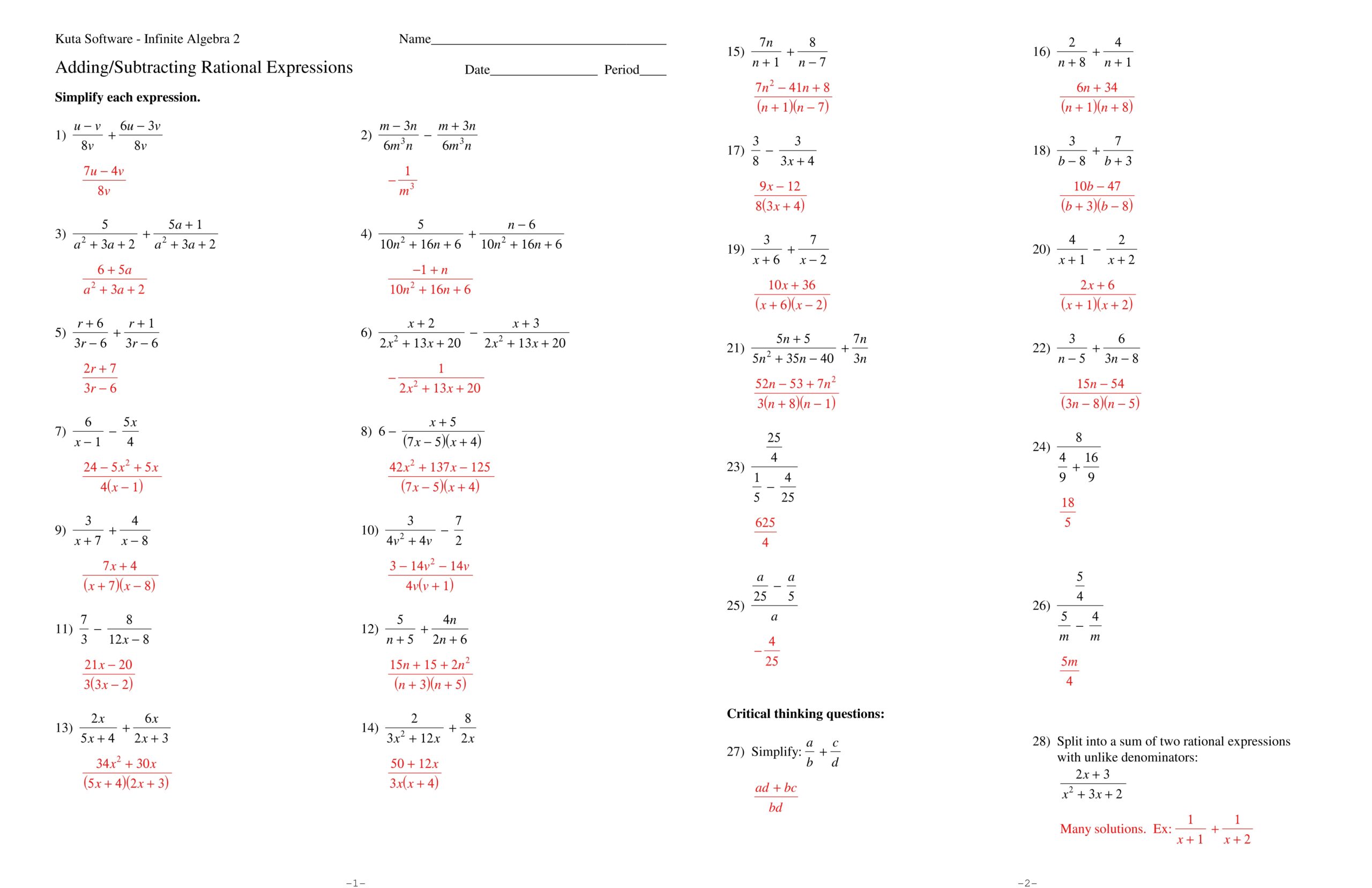 addition and subtraction of rational expressions worksheet