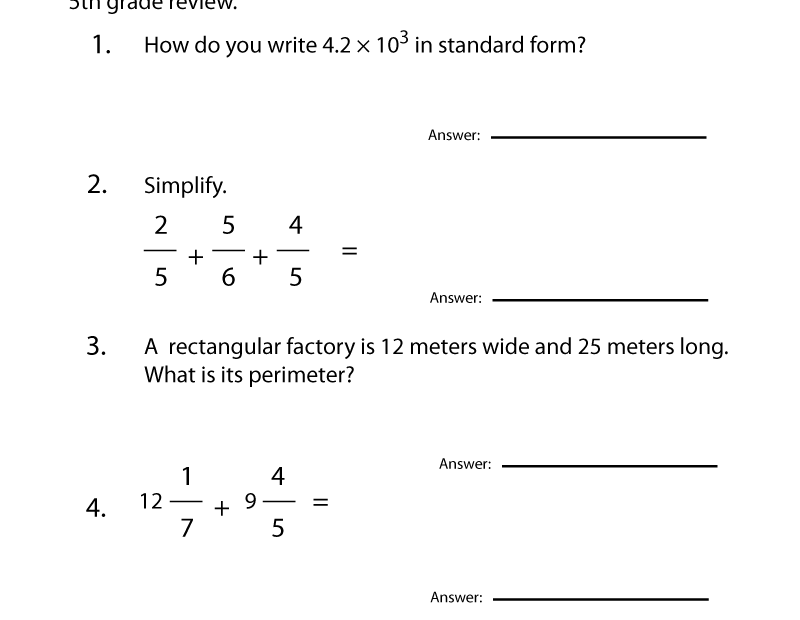 Free Printable 5th Grade Math Review Worksheet