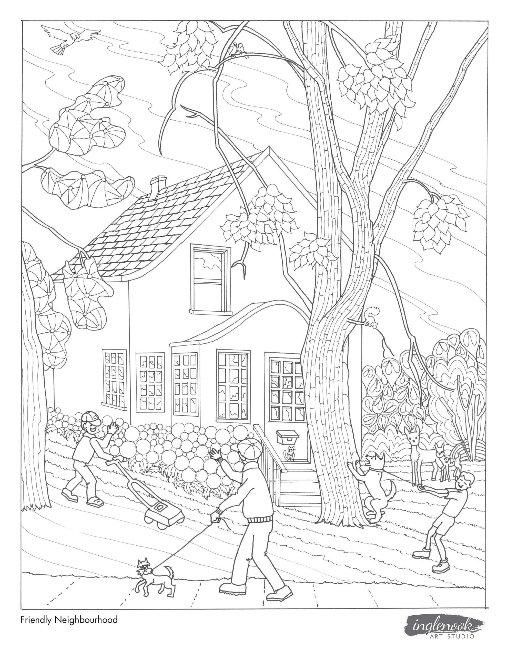 Friendly Neighbourhood House Neighborhood Pets Tree Coloring Original Art Colouring Page Printable Etsy