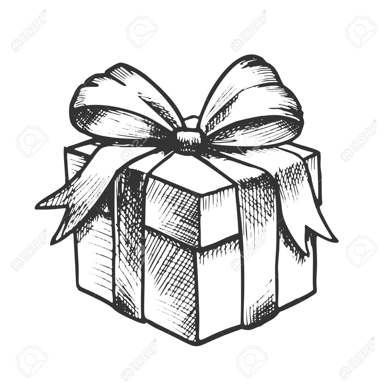 Gift Box Closed And Decorated Bow Retro Vector New Year Surprise Present Box Wrapped Luxury Carton Packing Engraving Template Hand Drawn In Vintage Style Black And White Illustration Royalty Free SVG Cliparts 
