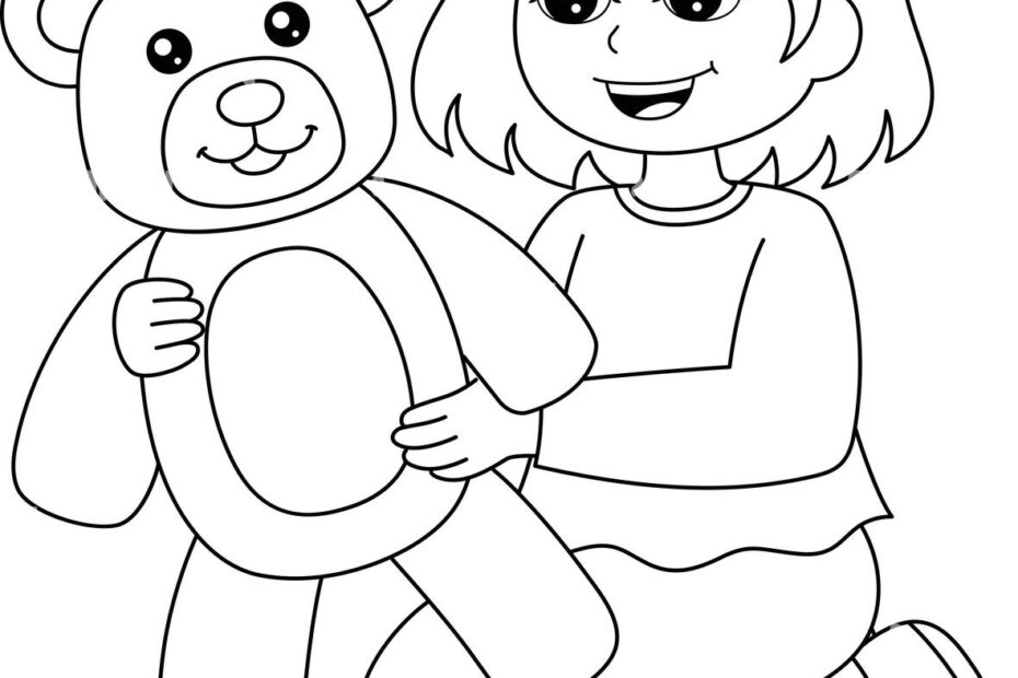 Girl Holding A Teddy Bear Coloring Page Isolated Stock Vector